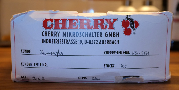 Cherry M51-0131 shipping box, from a delivery originally intended for Burroughs Corporation; no date indicated.