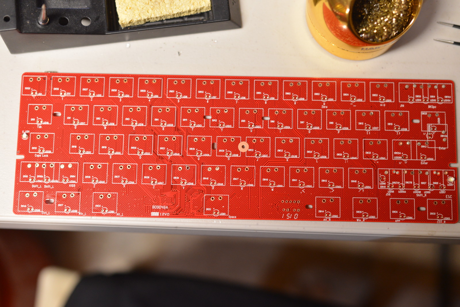 Front side of V60 PCB. Multiple configuration options visible including possible HHKB.