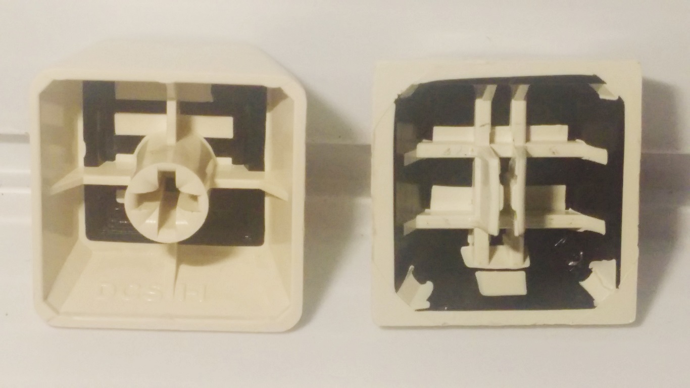 Cherry PCjr MX - comparison (left) to solid-state capacitive key cap (right)