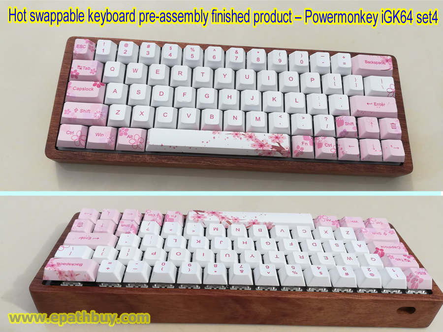 iGK64 wooden case mechanical keyboard with PBT dye-subbed blossom cherry profile keycaps