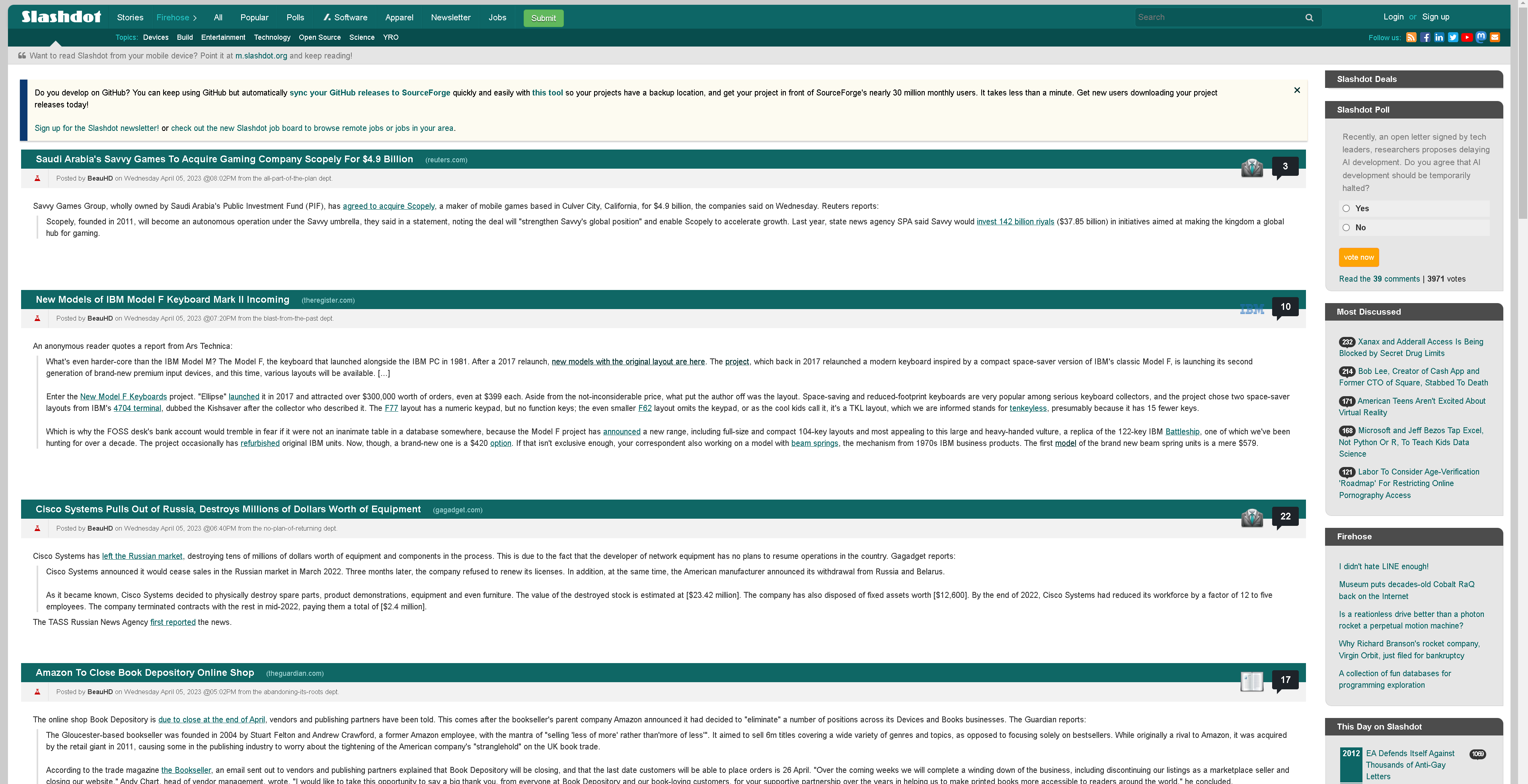 slashdot home page Model F article 4-5-23.png